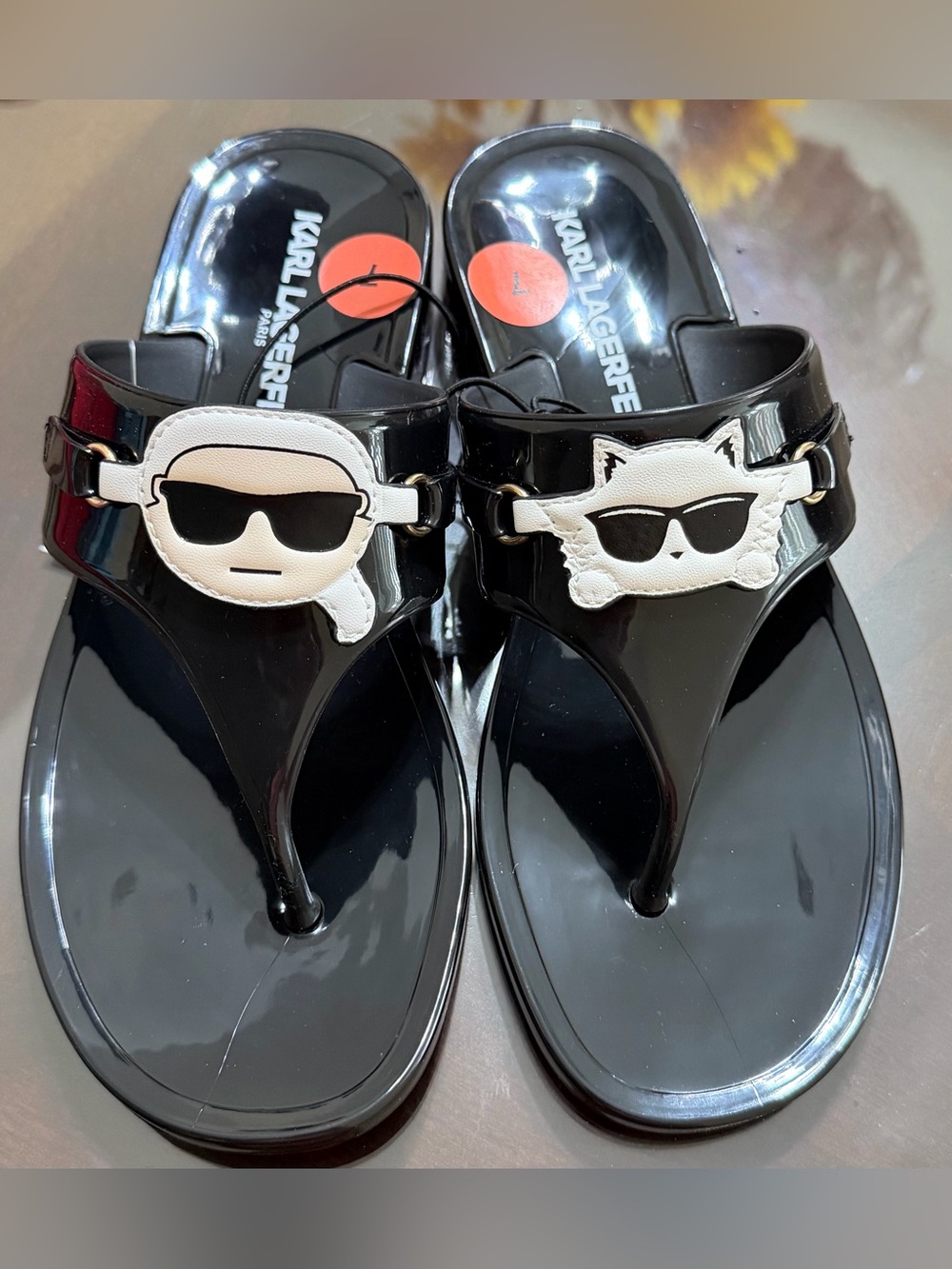 Karl Lagerfeld Black Gloss Jelly Flip Sandals with White Logo Charms